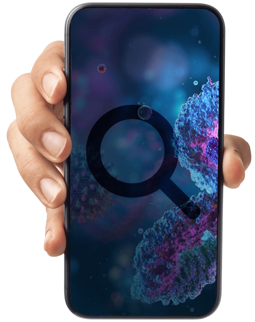 Smartphone mit Such-Icon auf Bildschirm, in der Hand gehalten, Community-App des kPNI e.V., Therapeutensuche