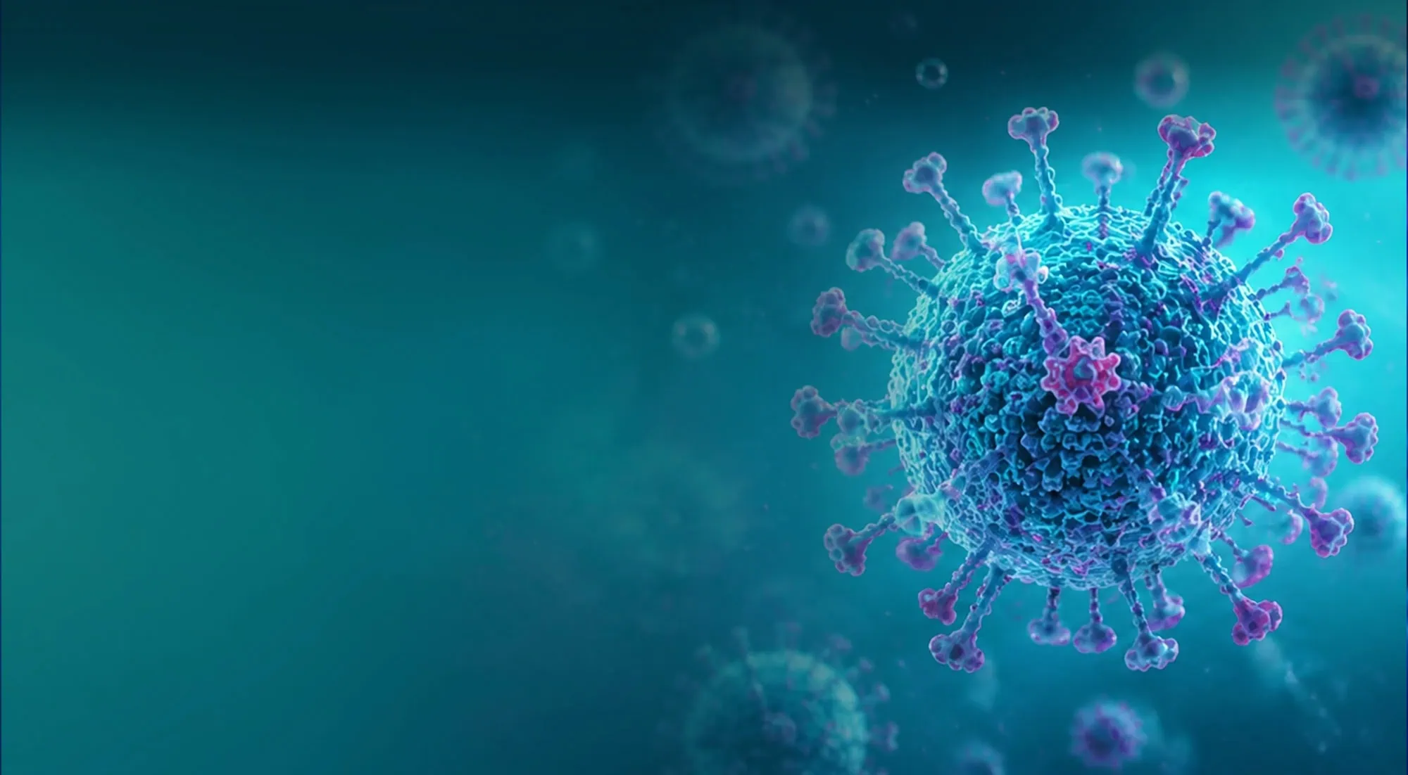 Dreidimensionale Illustration eines Virus mit Oberflächenproteinen vor türkisblauem Hintergrund