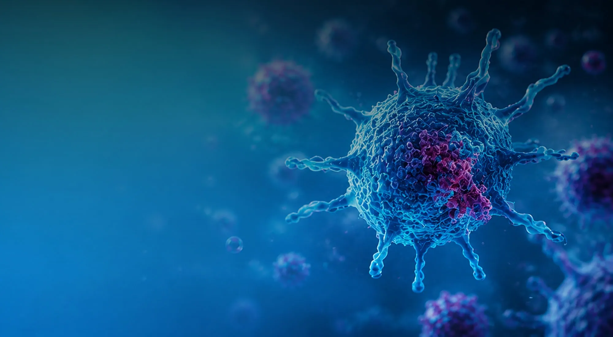 Dreidimensionale Illustration einer Immunzelle mit Ausläufern vor blauem Hintergrund