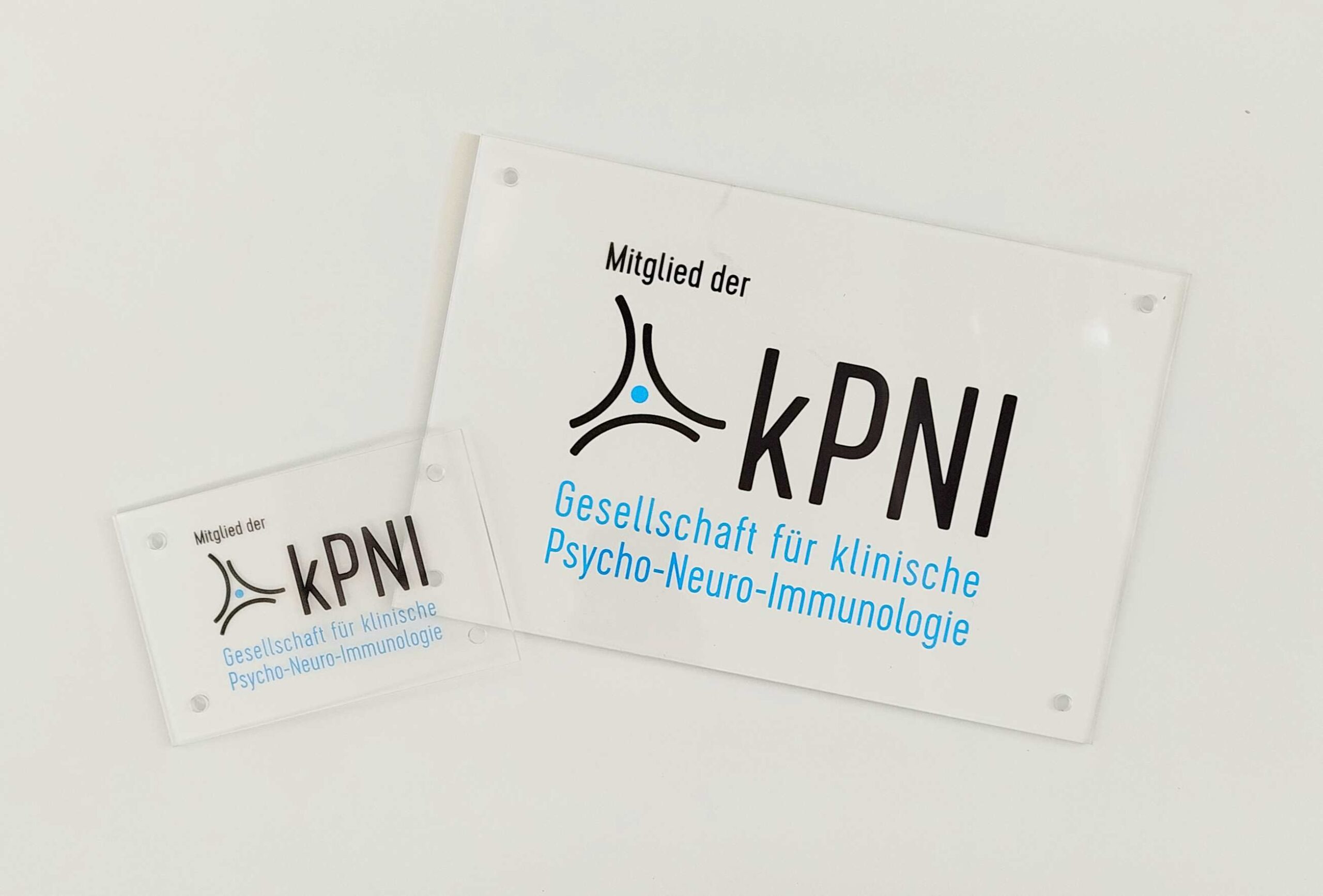 Zwei Praxisschilder aus Acrylglas mit der Aufschrift „Mitglied der kPNI – Gesellschaft für klinische Psycho-Neuro-Immunologie“, in zwei Größen